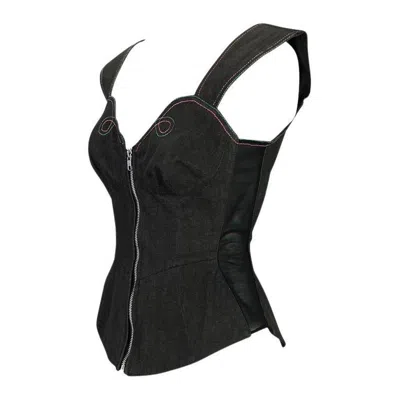Pre-owned Mugler Late 1970s Thierry  Denim Mesh Corset Bustier Top In Black