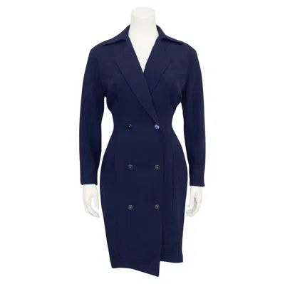 Pre-owned Mugler Late 1980s Thierry  Navy Wool Double Breasted Coat Dress In Blue