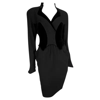 Pre-owned Mugler Late 1980s Thierry  Sculptural Velvet Faux Skirt Suit Midi Dress F42 In Black