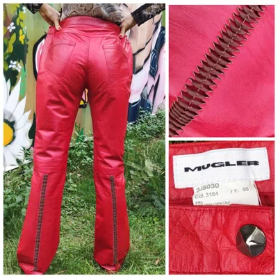 Pre-owned Mugler Leather Couture Cutout Trousers Pants In Red