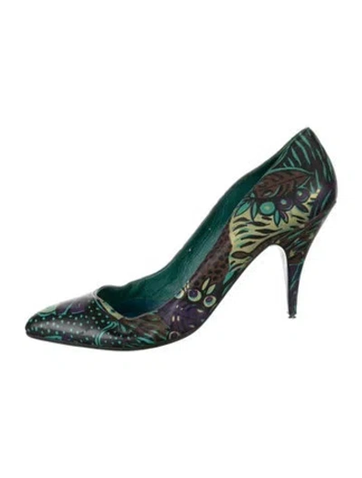 Pre-owned Mugler Leather Floral Print Pumps In Green