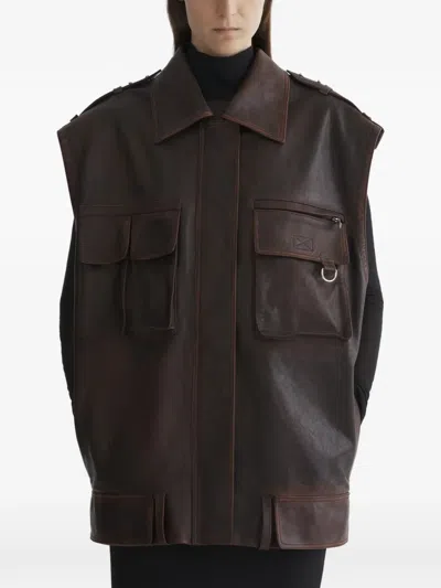 Mugler Leather Military Gilet In Brown