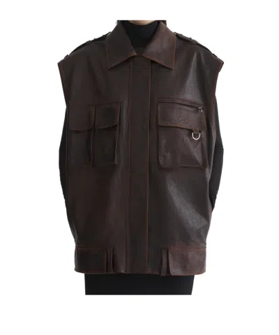 Mugler Leather Military Gilet In Dark Brown