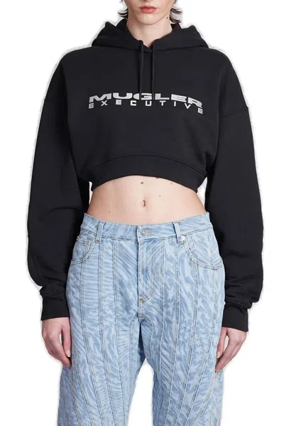 Mugler Cropped Logo Hoodie In B1919 Black/black