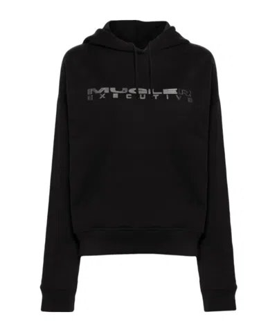 Mugler Logo Detailed Drawstring Hoodie In Black
