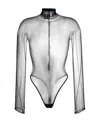 Mugler Mesh Bodysuit With Long Sleeves And High Neck In White