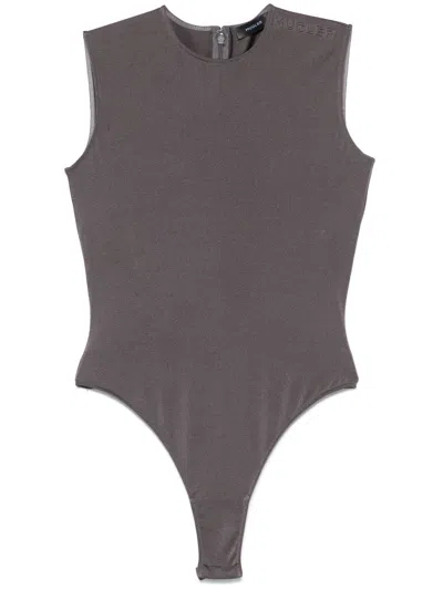 Mugler Logo-embossed Sleeveless Bodysuit In Grey