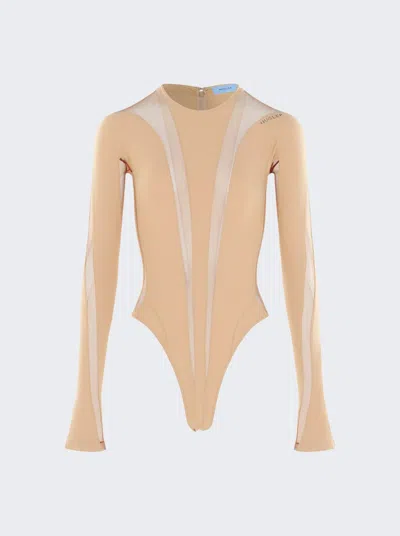 Mugler Long-sleeve Sheer Panel Bodysuit In Beige