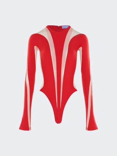 Mugler Long-sleeve Sheer Panel Bodysuit In Red