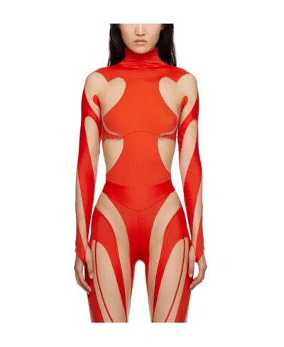 Mugler Long Sleeved Hollowed-out Jumpsuit In Red