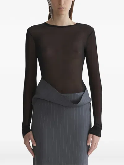 Mugler Long-sleeved Sheer Top In Black