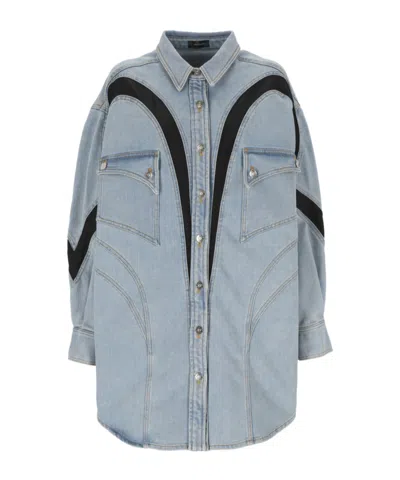 Mugler Long-sleeved Spliced Denim Coat In Gray