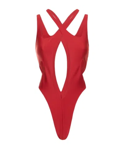Mugler Lycra Cut Out One Piece Swimsuit In Red