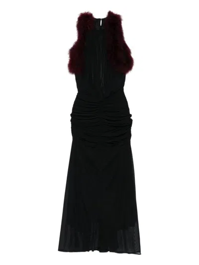 Mugler Marabou Ruched Dress Woman Black And Burgundy In Multi