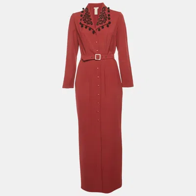 Pre-owned Mugler Maroon Embroidered Collar Crepe Belted Maxi Dress L In Red