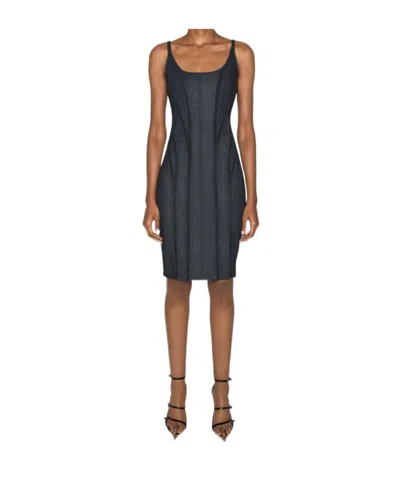 MUGLER MESH-PANEL DENIM MIDI DRESS