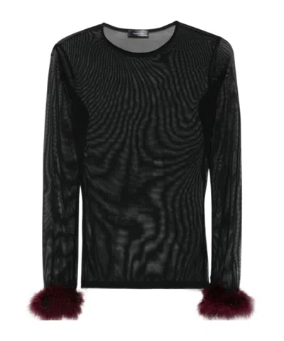 Mugler Mesh-panel Feather-cuff Top In Black