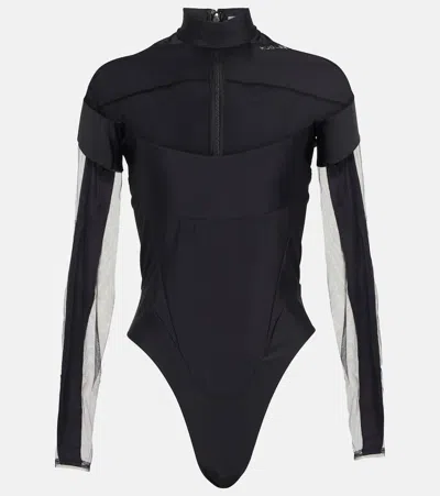 Mugler Mesh-paneled Bodysuit In Black Bimaterial