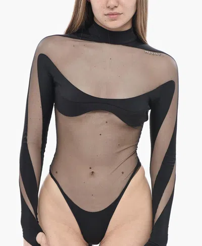 Mugler Mesh Panelled Bodysuit In Black