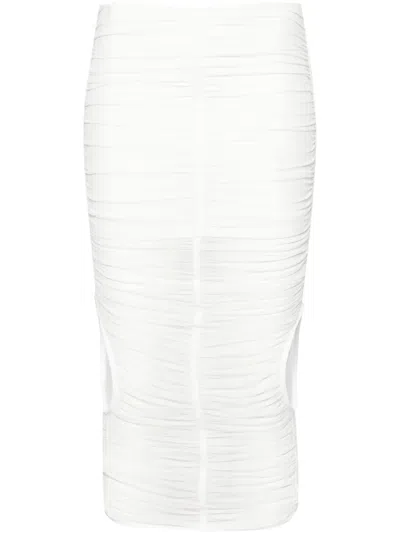 Mugler Mesh Ruched Midi Skirt In White