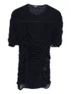 Mugler Crew Neck Mesh Top With Ruched Detailing In Black