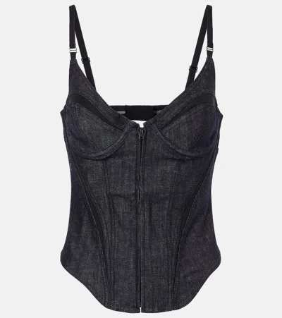 Mugler Mesh-trimmed Denim Corset In Rd699 Raw Blue / Bla