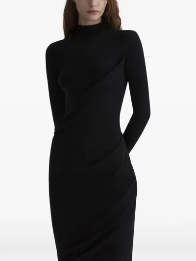 Mugler Midi Draped Turtleneck Dress In Black