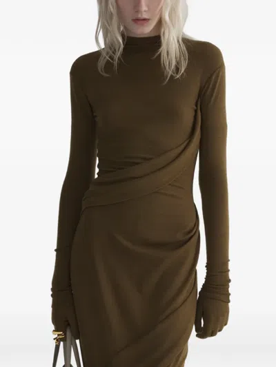 Mugler Midi Draped Turtleneck Dress In Brown