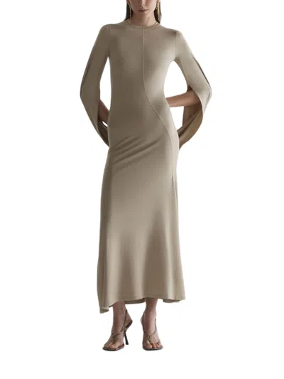 Mugler Midi Dress With Flowing Cape Sleeves In Neutral