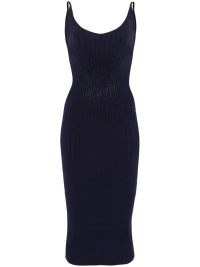 Mugler Midnight Blue Ribbed Knit Midi Dress In Black