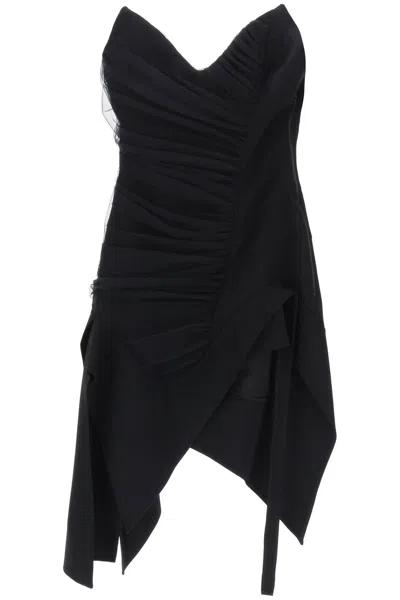 Mugler Strapless Asymmetric Ruched Tulle-paneled Crepe Dress In Black