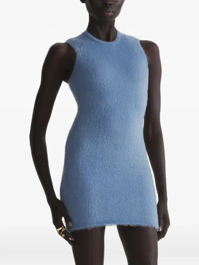 Mugler Mini Brushed Knit Dress In Blue