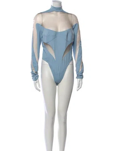 Pre-owned Mugler Mock Neck Long Sleeve Bodysuit W/ Tags In Blue