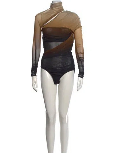 Pre-owned Mugler Mock Neck Long Sleeve Bodysuit W/ Tags In Brown
