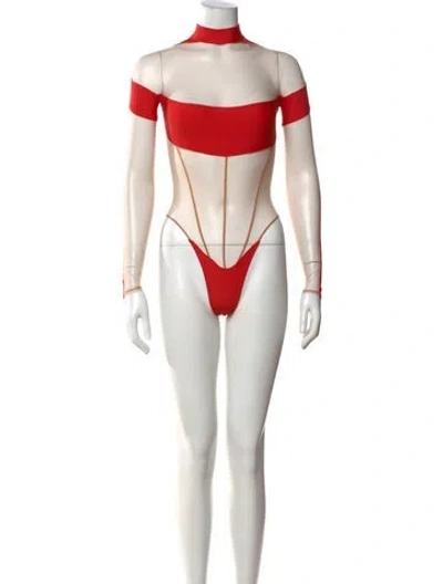 Pre-owned Mugler Mock Neck Short Sleeve Bodysuit In Red