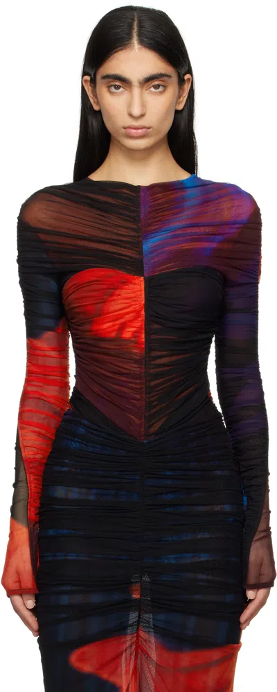 Mugler Multicolor Floral Print Mesh Bodysuit In Pr603 Print Blue & R