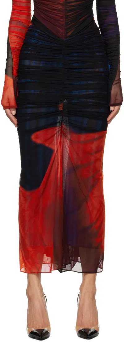 MUGLER MULTICOLOR FLORAL PRINT RUCHED MESH MIDI SKIRT