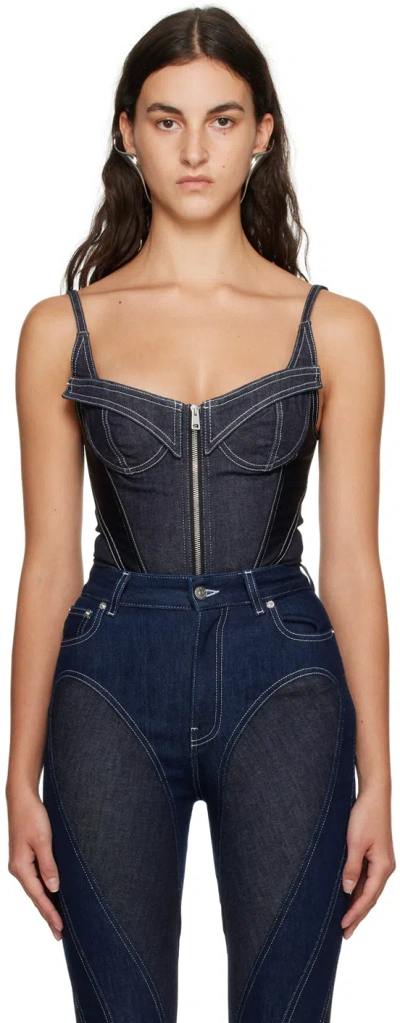 Mugler Navy & Black Paneled Denim Bodysuit In Blue