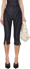 Mugler Navy Mesh Capri Raw Denim Shorts In Rd699 Raw Blue / Bla