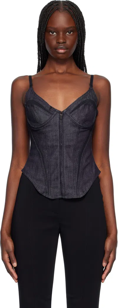 MUGLER NAVY MESH CORSETED RAW DENIM TOP