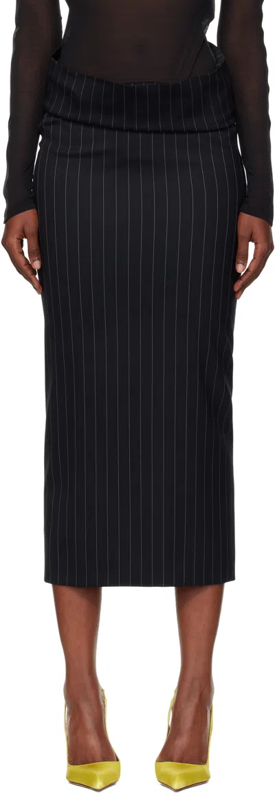 Mugler Navy Pinstripe Stretch Tube Midi Skirt In Blue