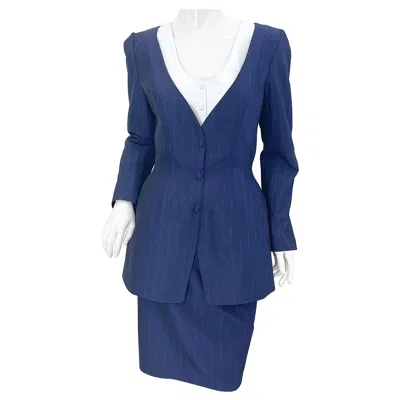 Pre-owned Mugler Nwt 1990s Thierry  Navy Blue Pinstripe Size 4 Vintage 90s Skirt Suit