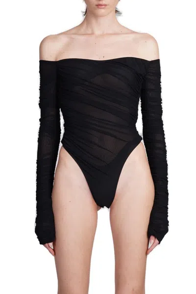 Mugler Off-the-shoulder Stretch-tulle Bodysuit In Black