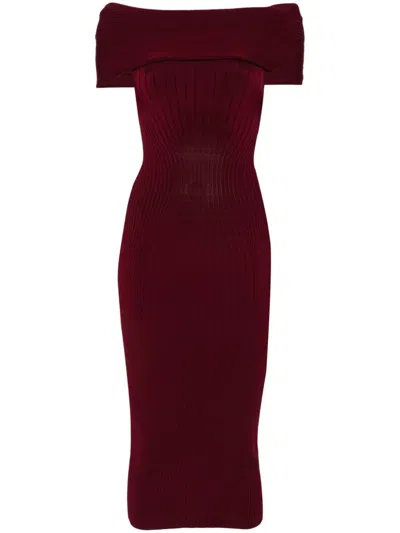 Mugler Off-shoulder Knitted Mididress In Red