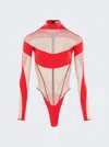 Mugler Off Shoulder Panel Bodysuit In Red