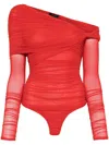 Mugler Off-shoulder Ruched Bodysuit In Red