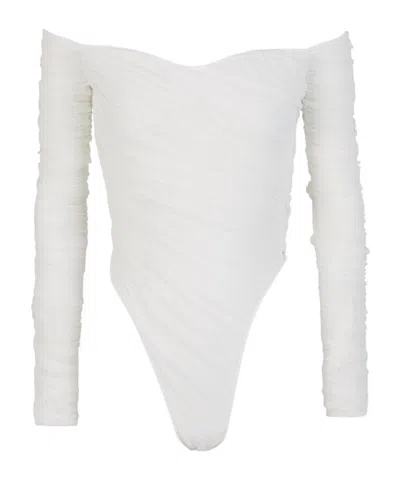 Mugler Off-shoulder Ruched Mesh Bodysuit In White