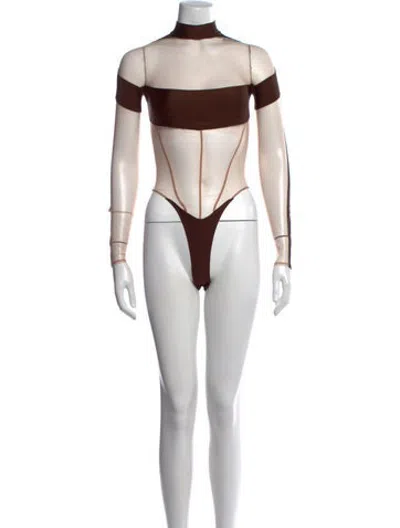 Pre-owned Mugler Off-the-shoulder Long Sleeve Bodysuit In Neutrals