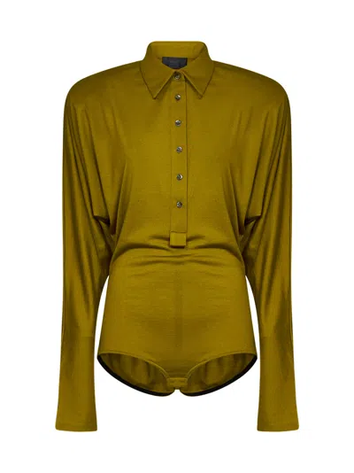 Mugler Olive Green Wool-blend Jersey Polo Bodysuit