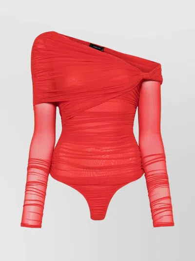 MUGLER ONE-SHOULDER BODYSUIT WITH RUCHED SHEER SLEEVES